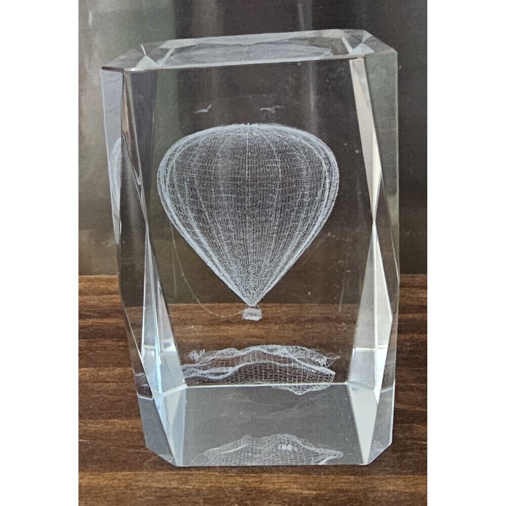 3d Laser Etched 3" Glass Block Paperweight Hot Air Balloon Mountains Birds